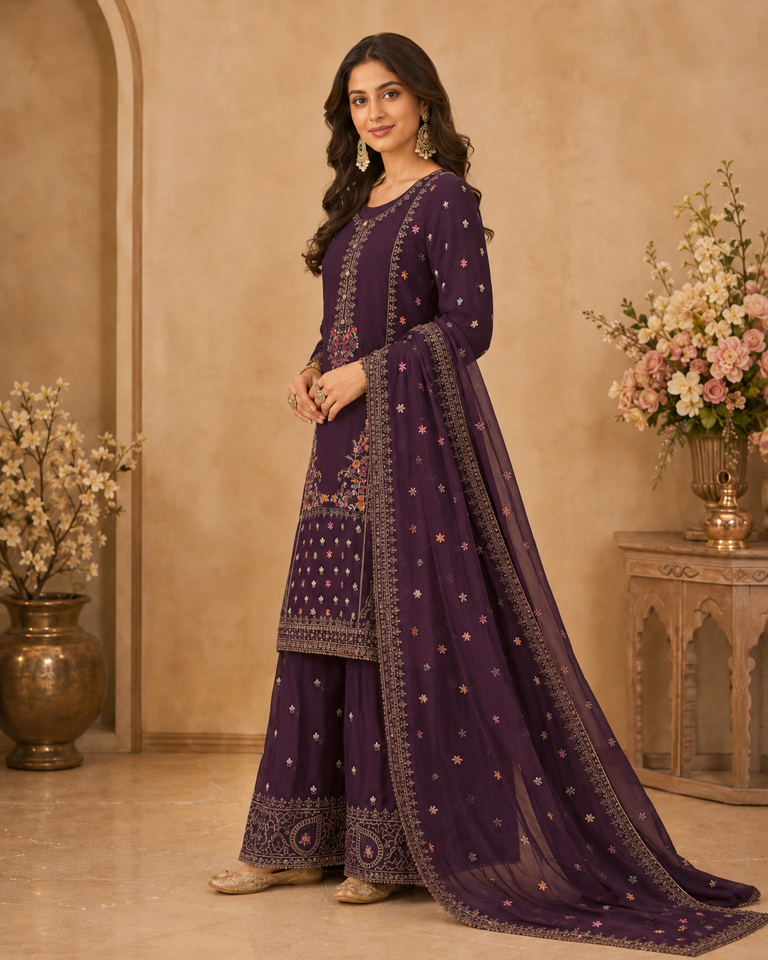 Royal Plum Embroidered 3-Piece Sharara Set