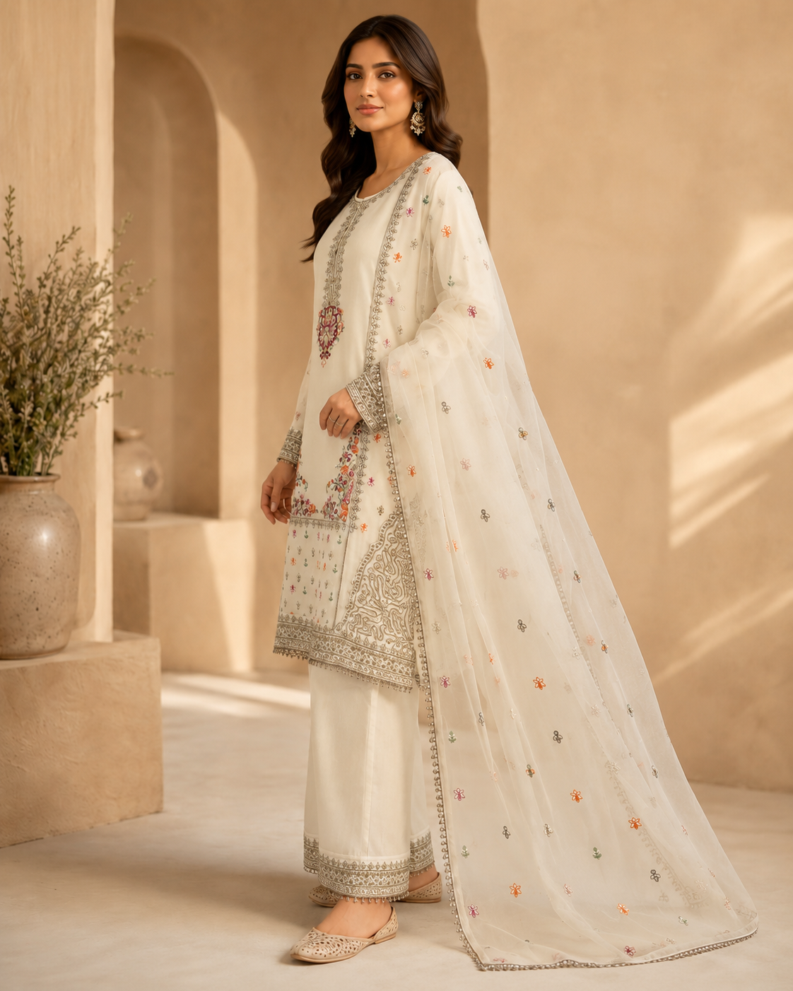 Ivory Blossom Embroidered 3-Piece Sharara Set