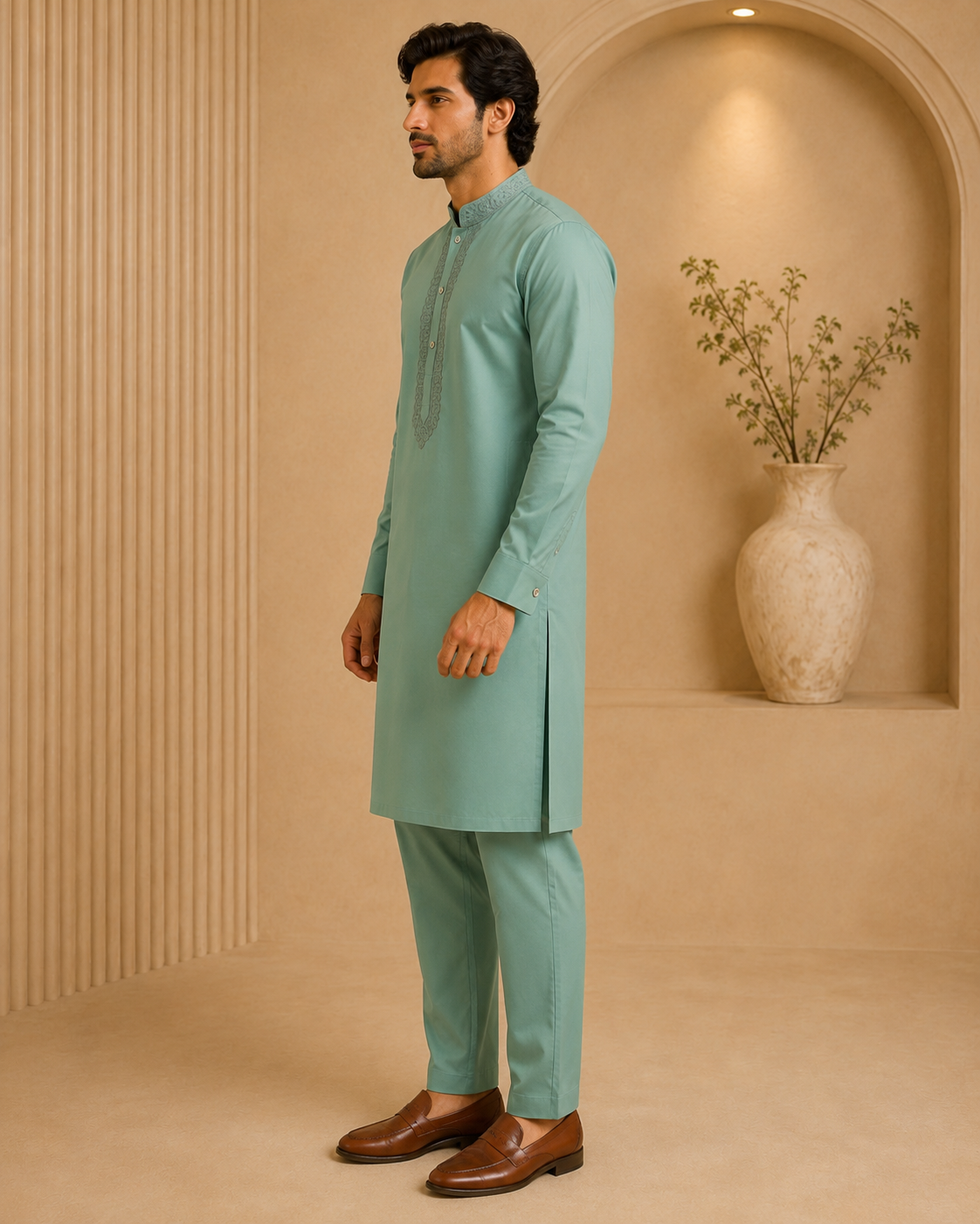 Dusty Mint Green 2-Piece Men’s Embroidered Kurta Trouser Set