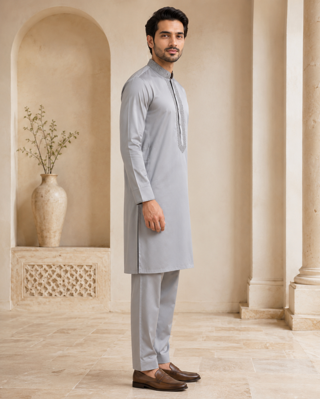 Silver Gray 2-Piece Men’s Embroidered Kurta Trouser Set