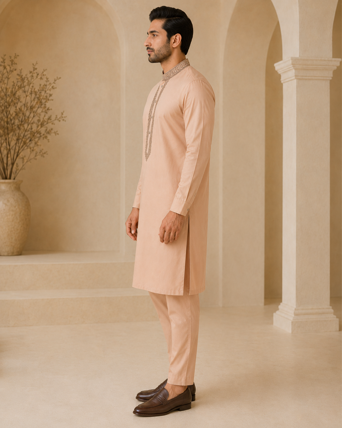 Blush Peach 2-Piece Men’s Embroidered Kurta Trouser Set