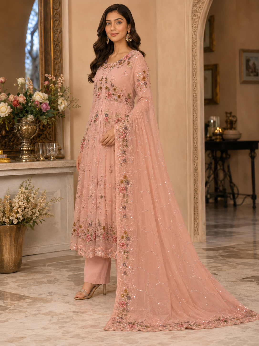 Rose Garden Elegance 3-Piece Embroidered Chiffon Gown Set