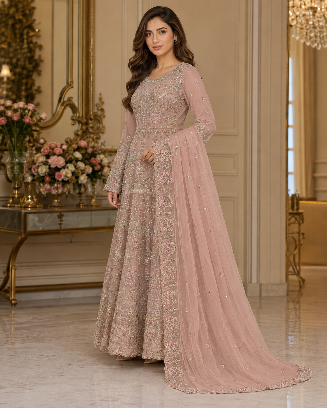 Rose Reverie Luxe 3-Piece Embroidered Net Gown Set