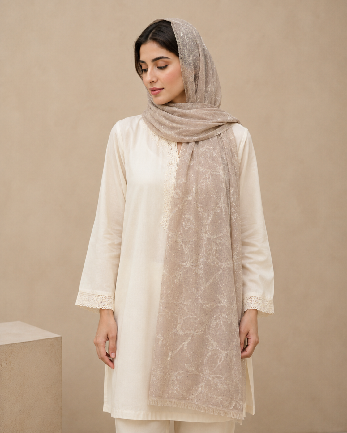 Embroidered Broshia Slub Chiffon 1-Piece Scarf