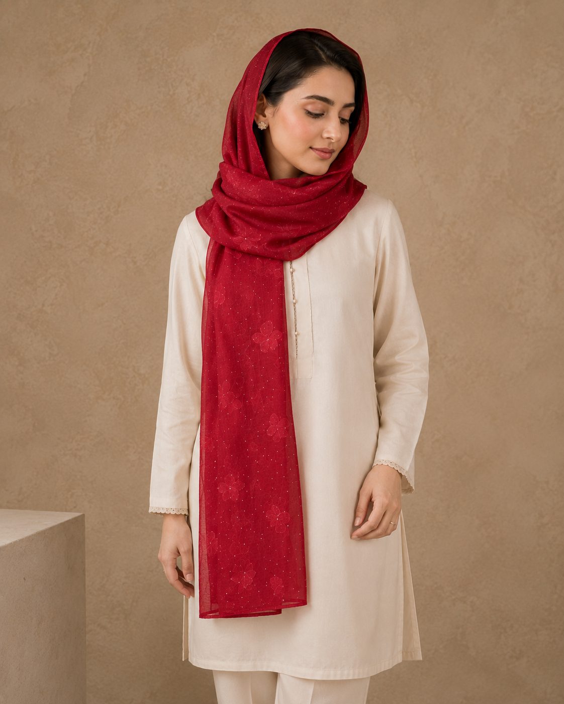 Embroidered Broshia Slub Chiffon 1-Piece Scarf