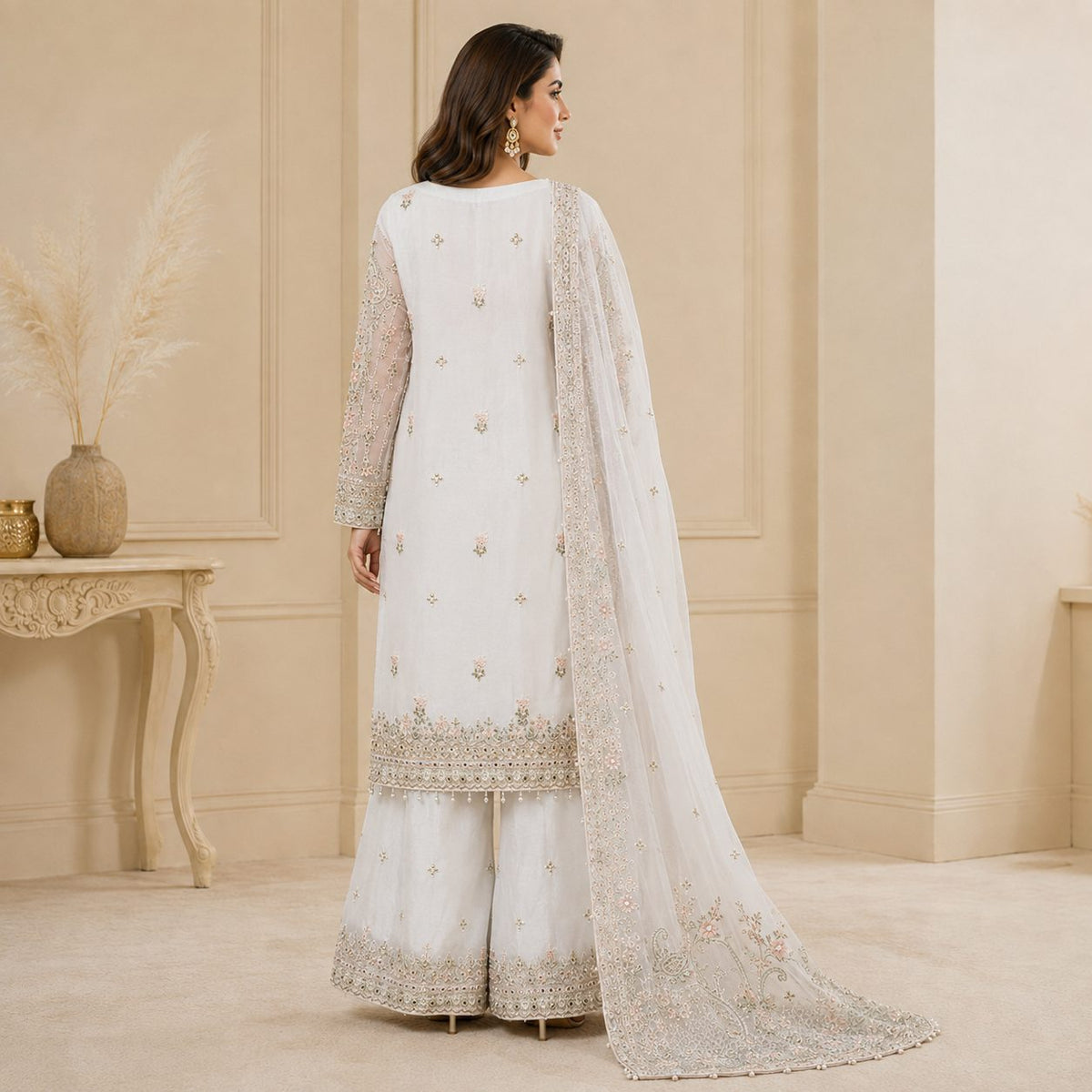 Celestial Grace Embroidered Women Chiffon Suit