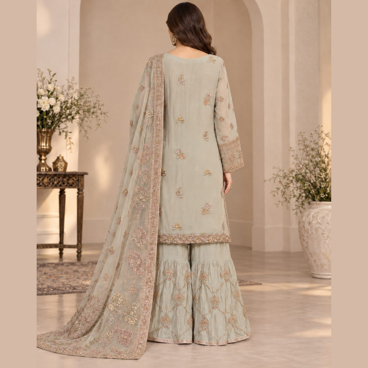 Royal Blossom Embroidered Women Chiffon Suit