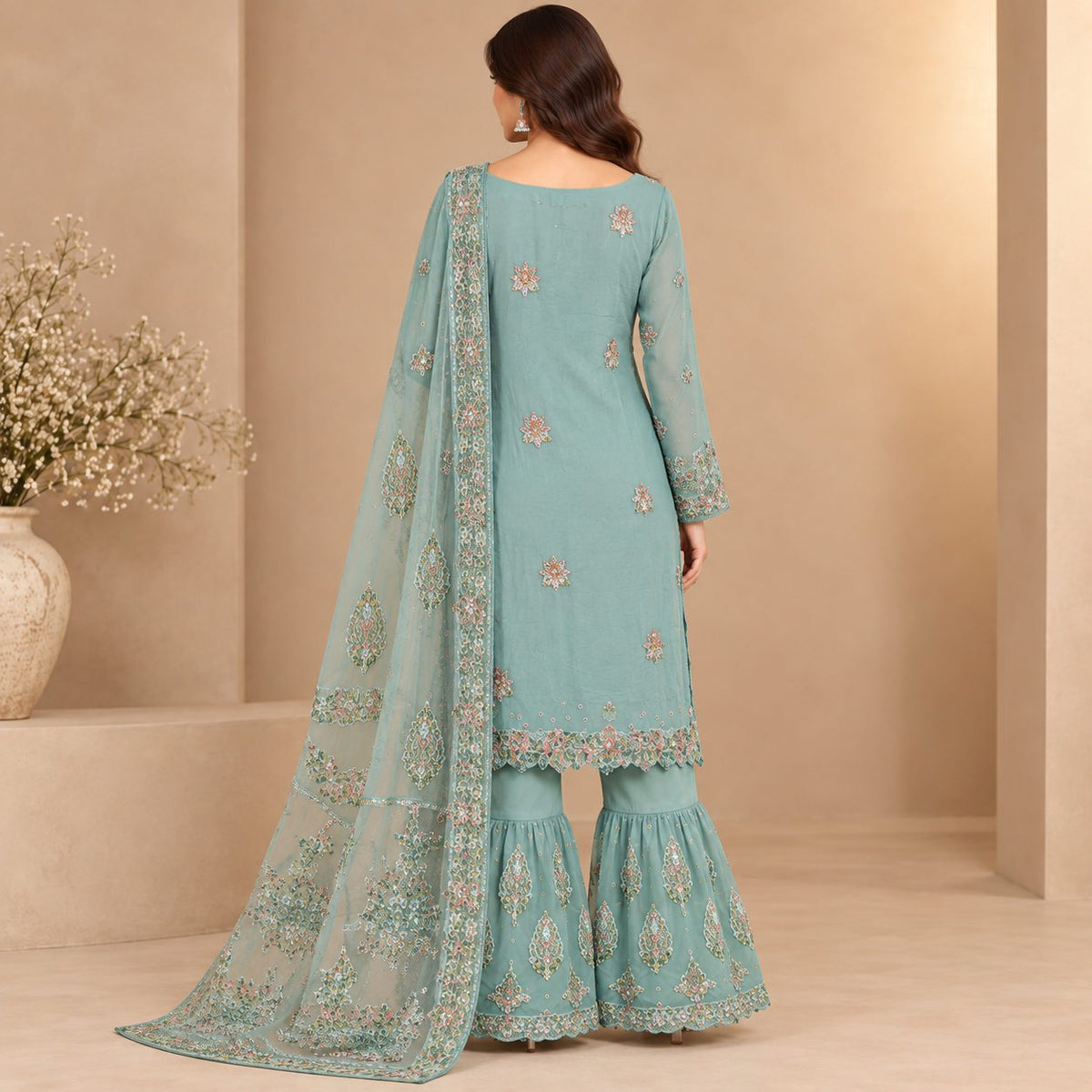 Royal Blossom Embroidered Women Chiffon Suit