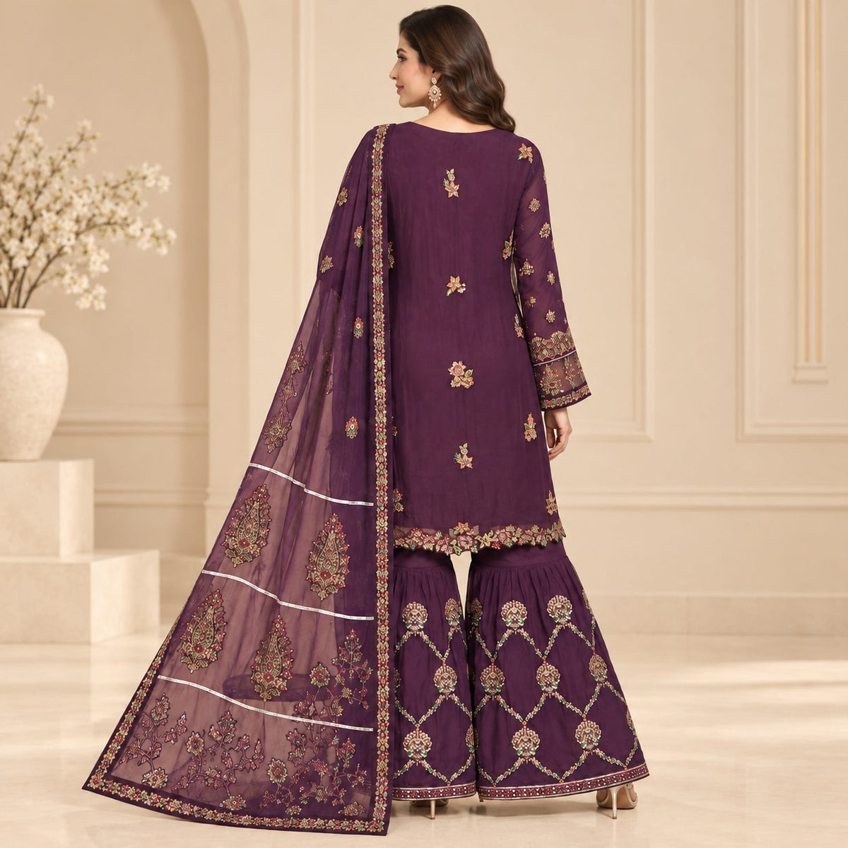 Royal Blossom Embroidered Women Chiffon Suit