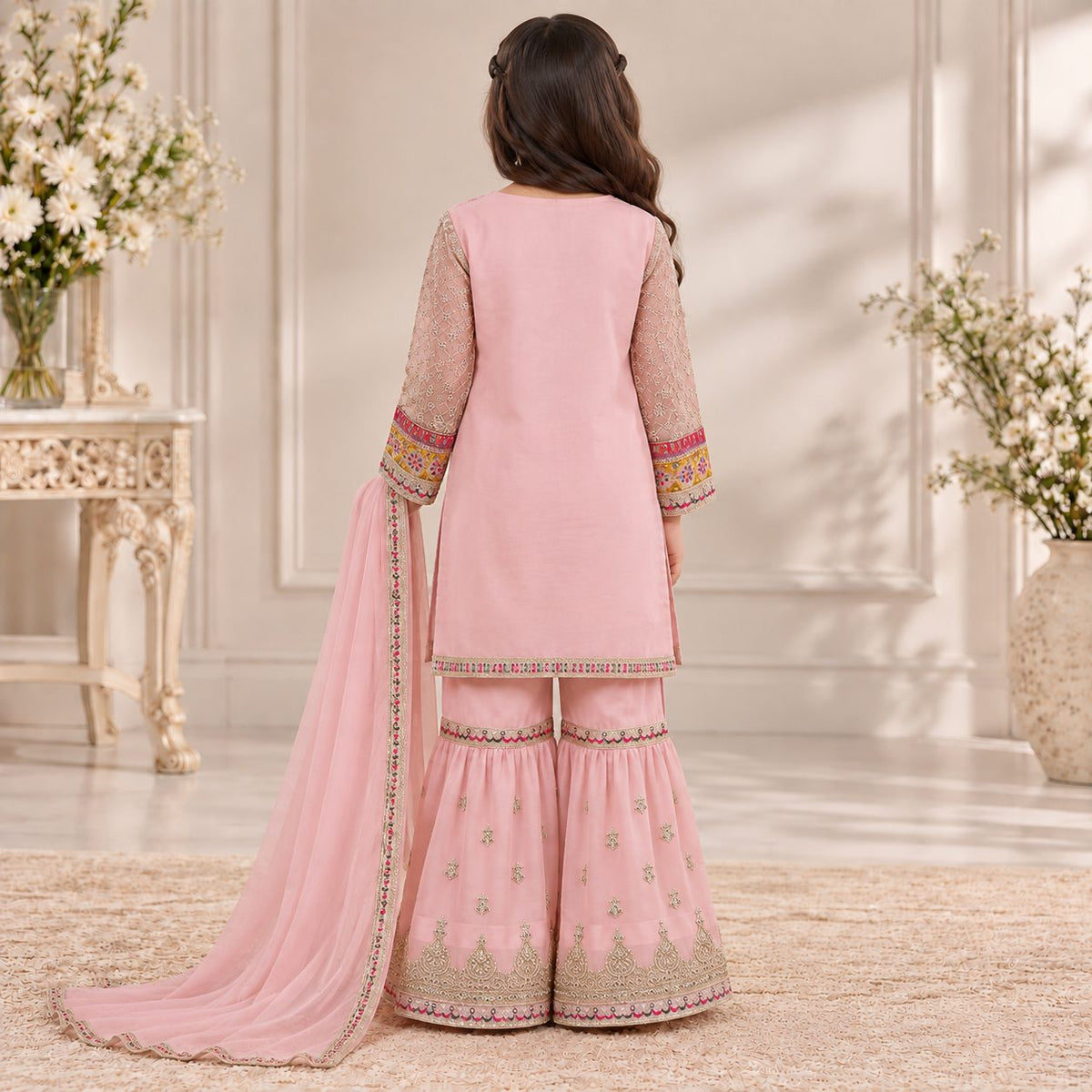 Regal Charm Embroidered Chiffon 3 Piece Girls Gharara Suit