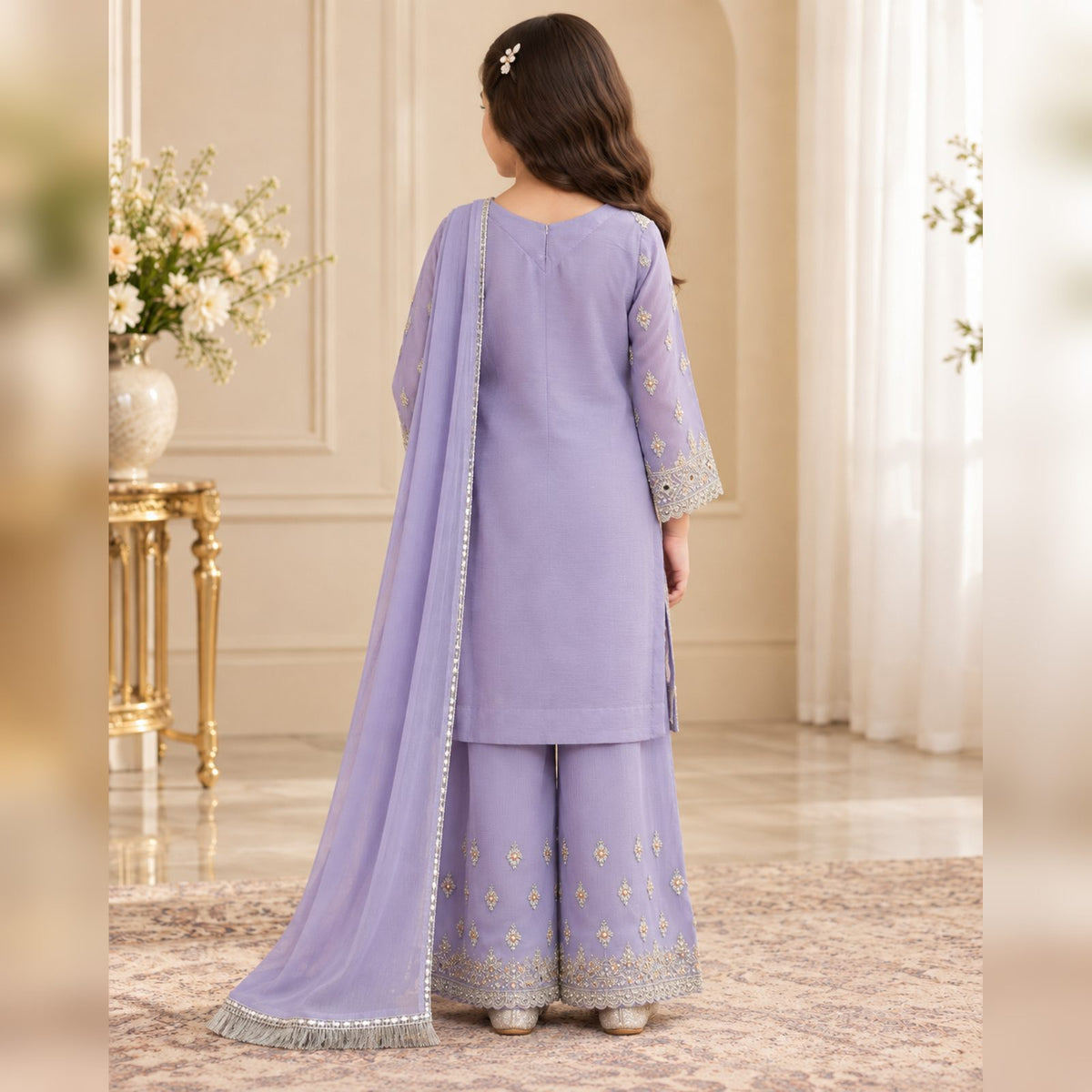 Celestial Grace Embroidered Chiffon 3 Piece Girls Suit
