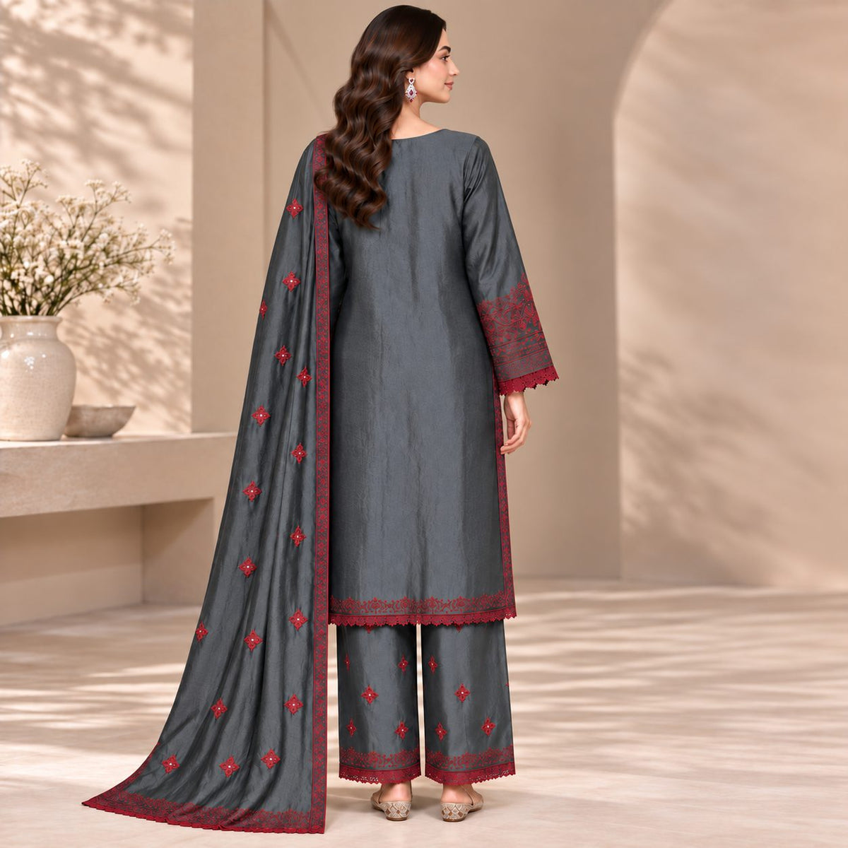 Crimson Elegance 3 Piece Women’s Embroidered Suit