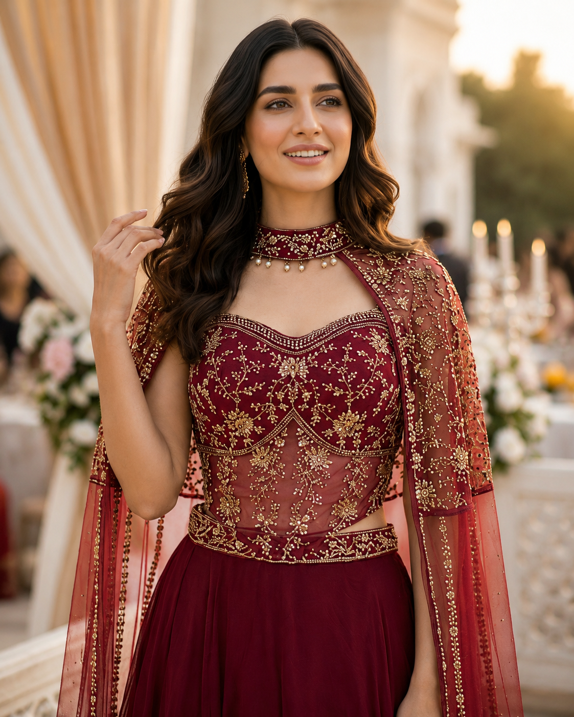 Crimson Elegance Cape 3-Piece Lehenga Set