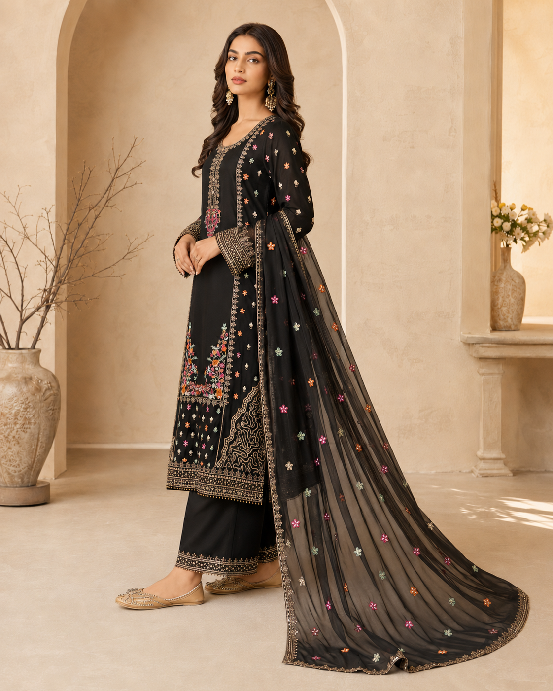 Midnight Garden Embroidered 3-Piece Sharara Set