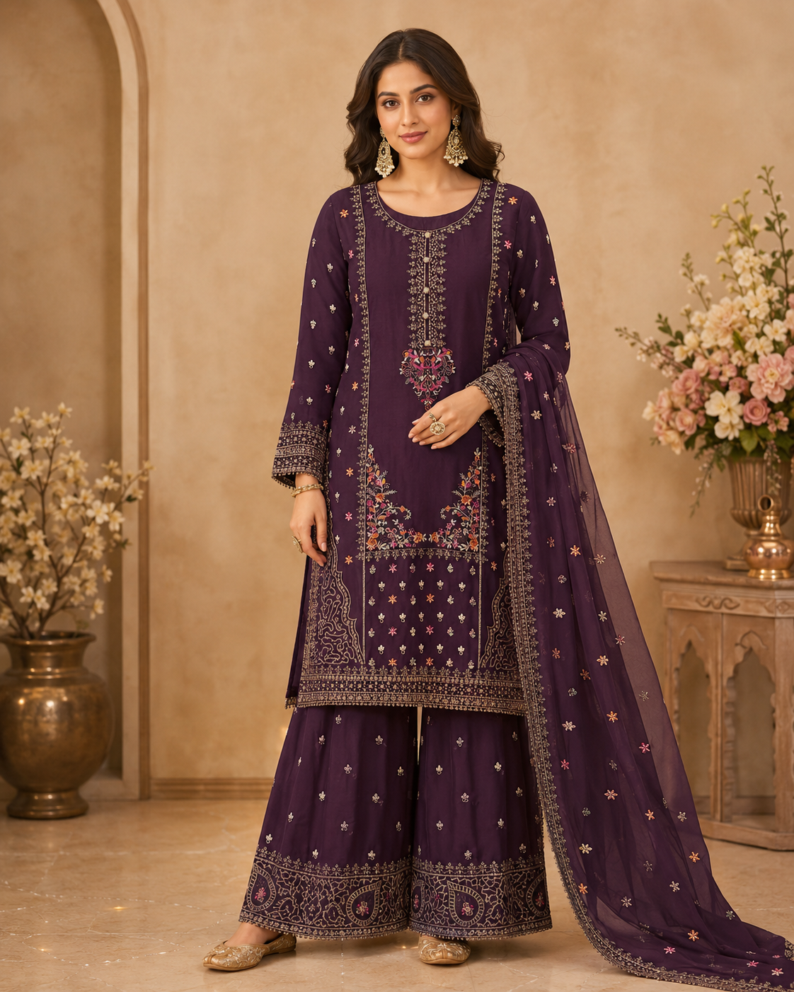 Royal Plum Embroidered 3-Piece Sharara Set