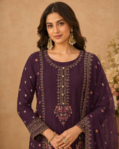 Royal Plum Embroidered 3-Piece Sharara Set