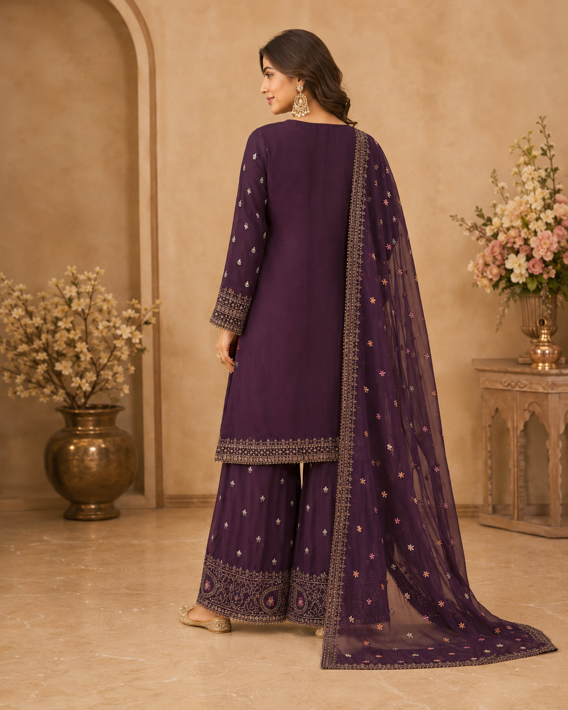 Royal Plum Embroidered 3-Piece Sharara Set