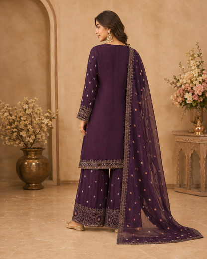 Royal Plum Embroidered 3-Piece Sharara Set