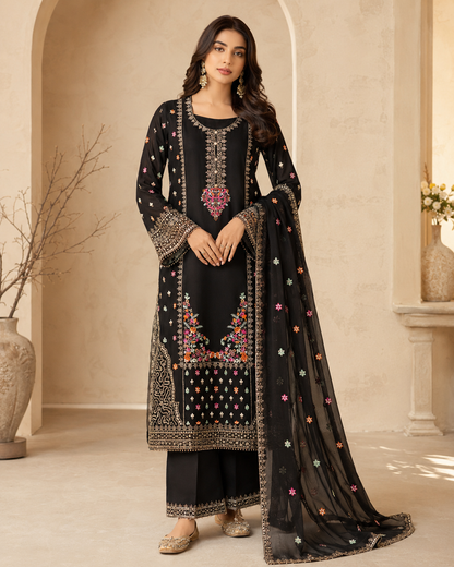 Midnight Garden Embroidered 3-Piece Sharara Set