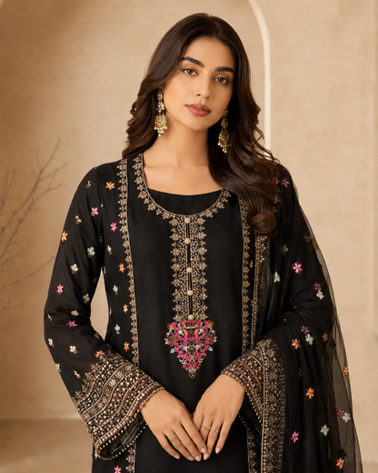 Midnight Garden Embroidered 3-Piece Sharara Set