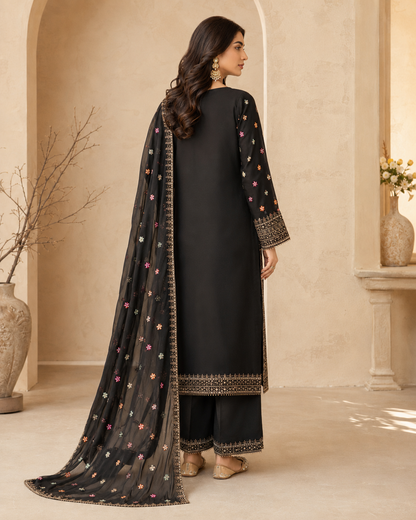 Midnight Garden Embroidered 3-Piece Sharara Set