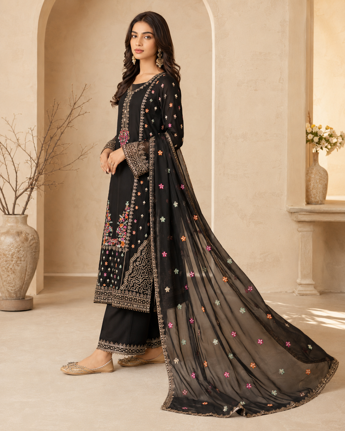 Midnight Garden Embroidered 3-Piece Sharara Set