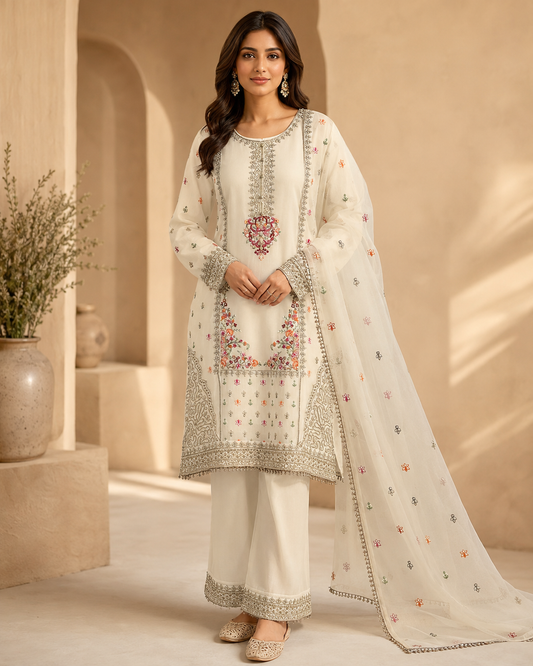 Ivory Blossom Embroidered 3-Piece Sharara Set