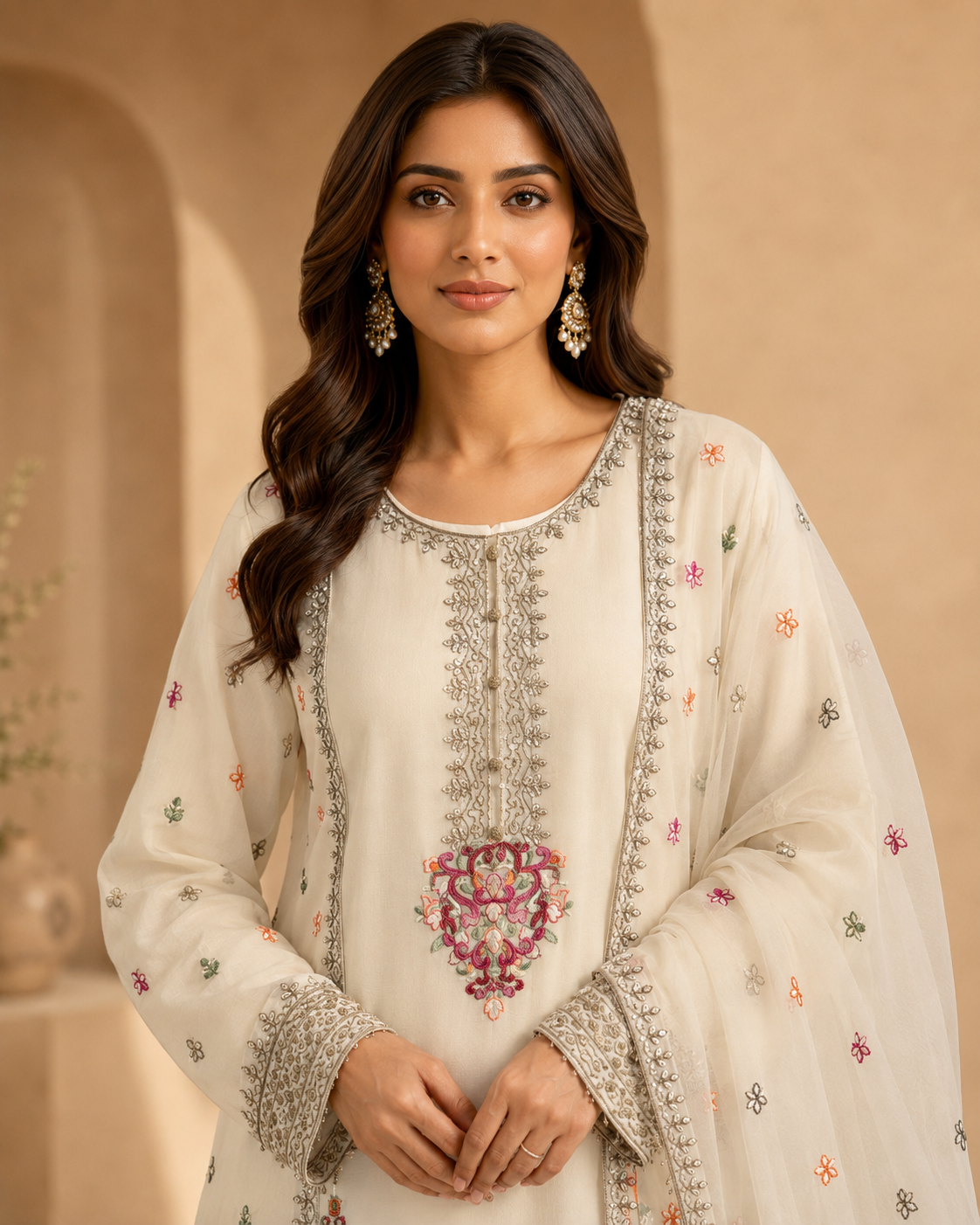 Ivory Blossom Embroidered 3-Piece Sharara Set