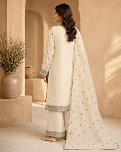 Ivory Blossom Embroidered 3-Piece Sharara Set