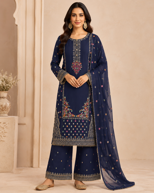 Midnight Sapphire Embroidered 3-Piece Sharara Set