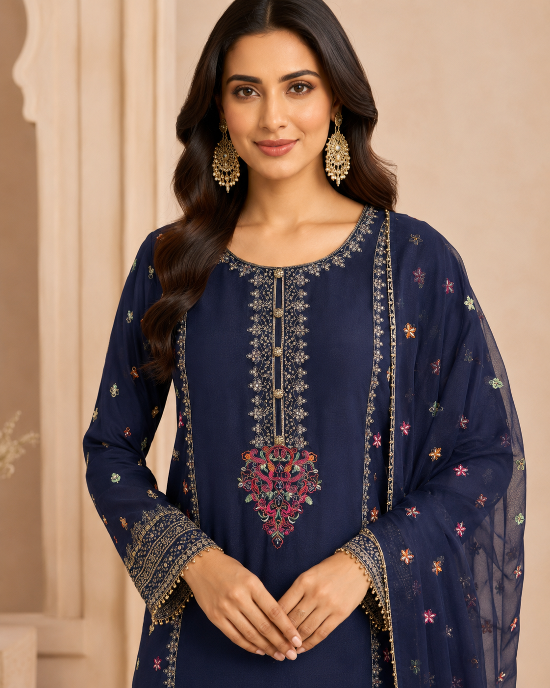 Midnight Sapphire Embroidered 3-Piece Sharara Set