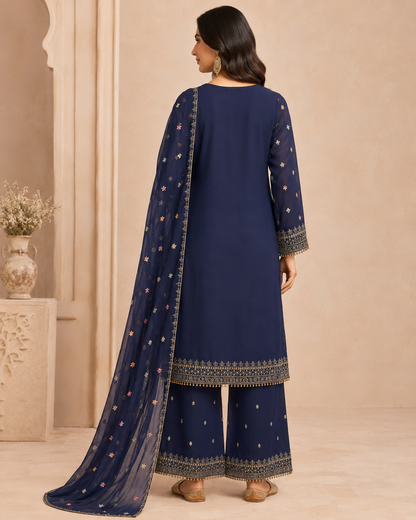 Midnight Sapphire Embroidered 3-Piece Sharara Set