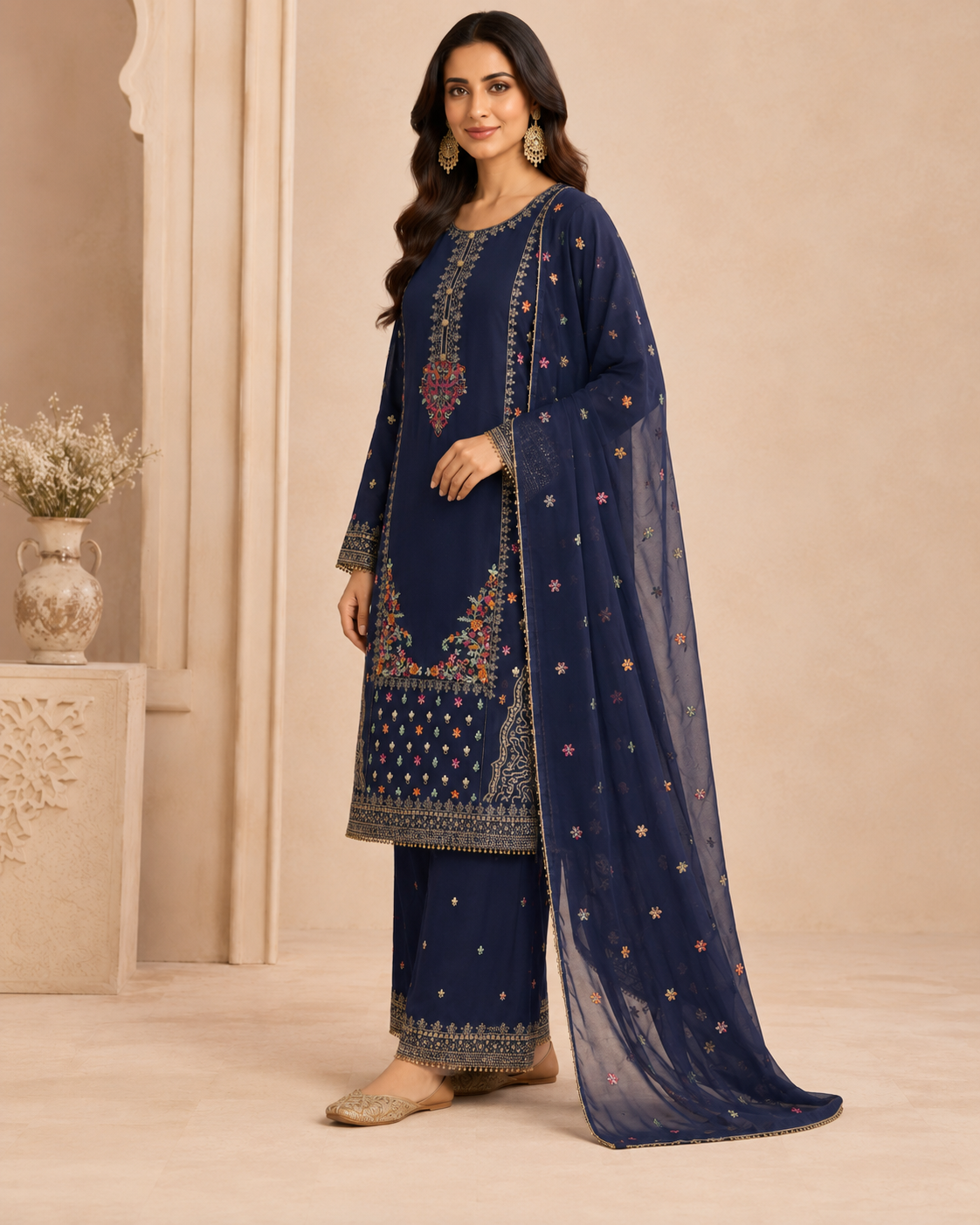 Midnight Sapphire Embroidered 3-Piece Sharara Set