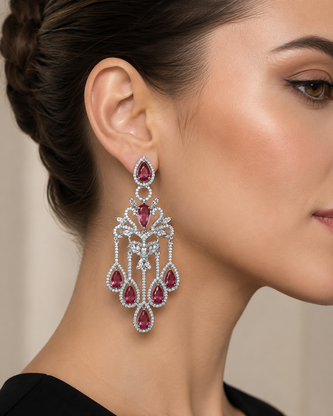 Ruby Peacock Statement Chandelier Earrings