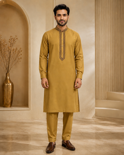 Antique Mustard Gold 2-Piece Men’s Embroidered Kurta Trouser Set