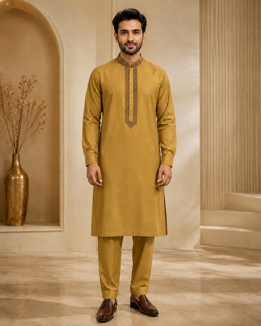 Antique Mustard Gold 2-Piece Men’s Embroidered Kurta Trouser Set