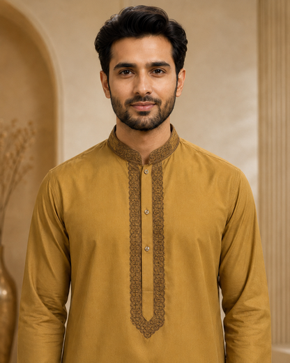 Antique Mustard Gold 2-Piece Men’s Embroidered Kurta Trouser Set