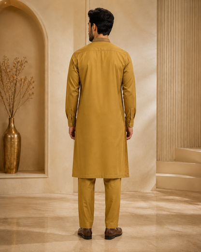 Antique Mustard Gold 2-Piece Men’s Embroidered Kurta Trouser Set