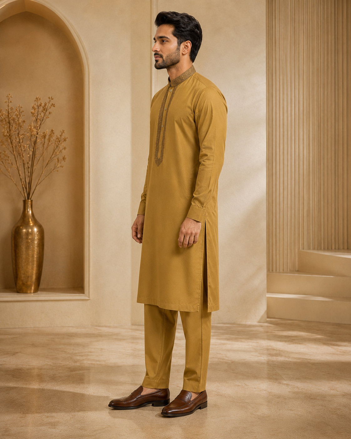 Antique Mustard Gold 2-Piece Men’s Embroidered Kurta Trouser Set