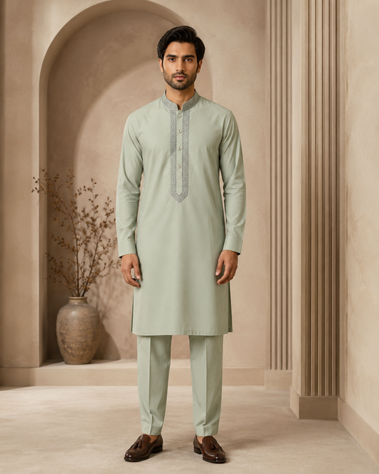 Soft Sage Green 2-Piece Men’s Embroidered Kurta Trouser Set