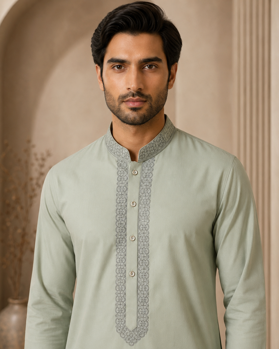 Soft Sage Green 2-Piece Men’s Embroidered Kurta Trouser Set
