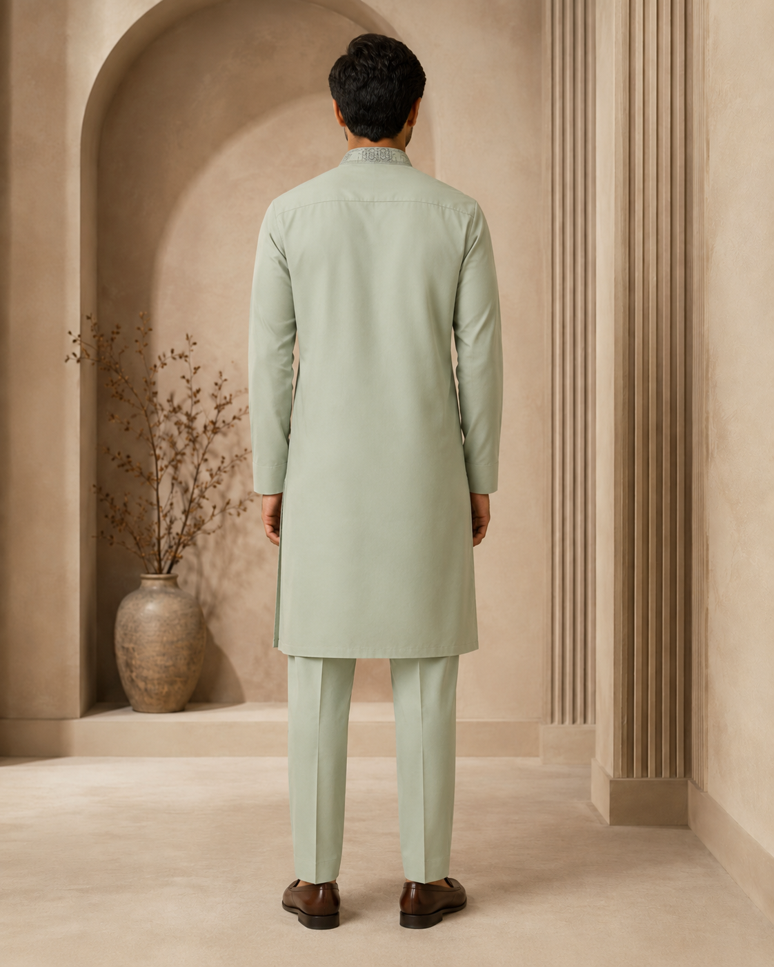 Soft Sage Green 2-Piece Men’s Embroidered Kurta Trouser Set