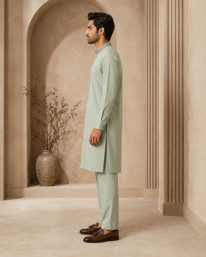 Soft Sage Green 2-Piece Men’s Embroidered Kurta Trouser Set
