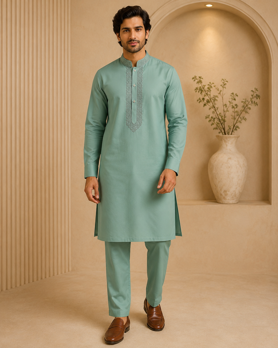 Dusty Mint Green 2-Piece Men’s Embroidered Kurta Trouser Set