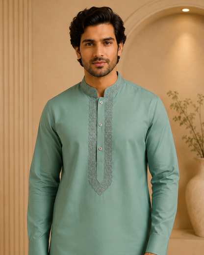 Dusty Mint Green 2-Piece Men’s Embroidered Kurta Trouser Set