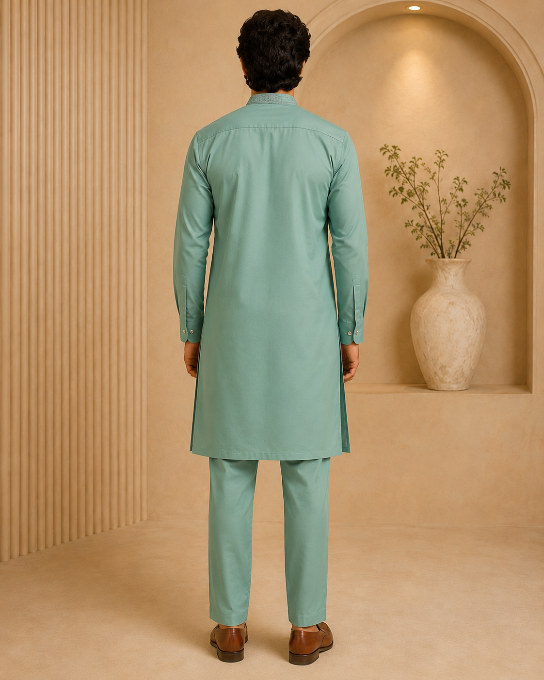 Dusty Mint Green 2-Piece Men’s Embroidered Kurta Trouser Set