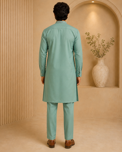 Dusty Mint Green 2-Piece Men’s Embroidered Kurta Trouser Set