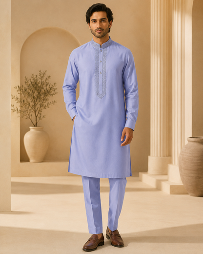 Periwinkle Blue 2-Piece Men’s Embroidered Kurta Trouser Set