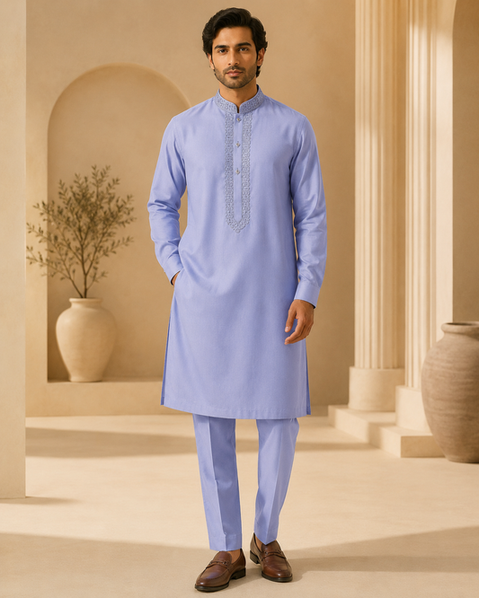 Periwinkle Blue 2-Piece Men’s Embroidered Kurta Trouser Set