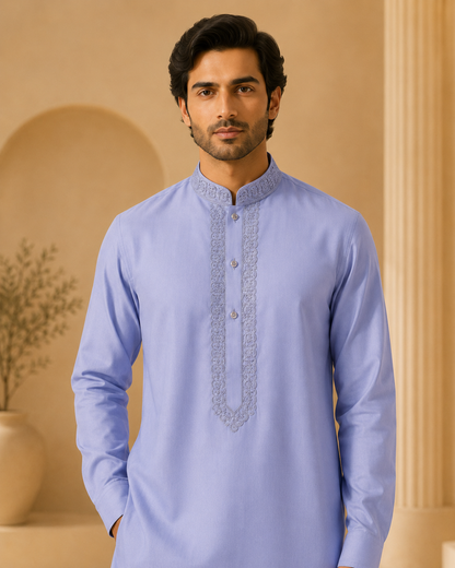 Periwinkle Blue 2-Piece Men’s Embroidered Kurta Trouser Set